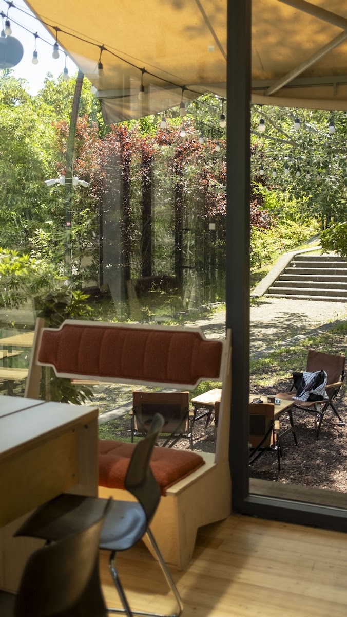 Inside CITYHIKERS, looking out to the garden seating
